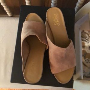 Franco Sarto asymmetrical wedge tan suede wedge slip on mule